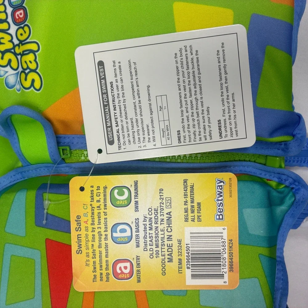 Swim Safe ABC Fabric Swim Vest Kids S/M Green NEW Step B Aquastar‎ Pool UPF 50